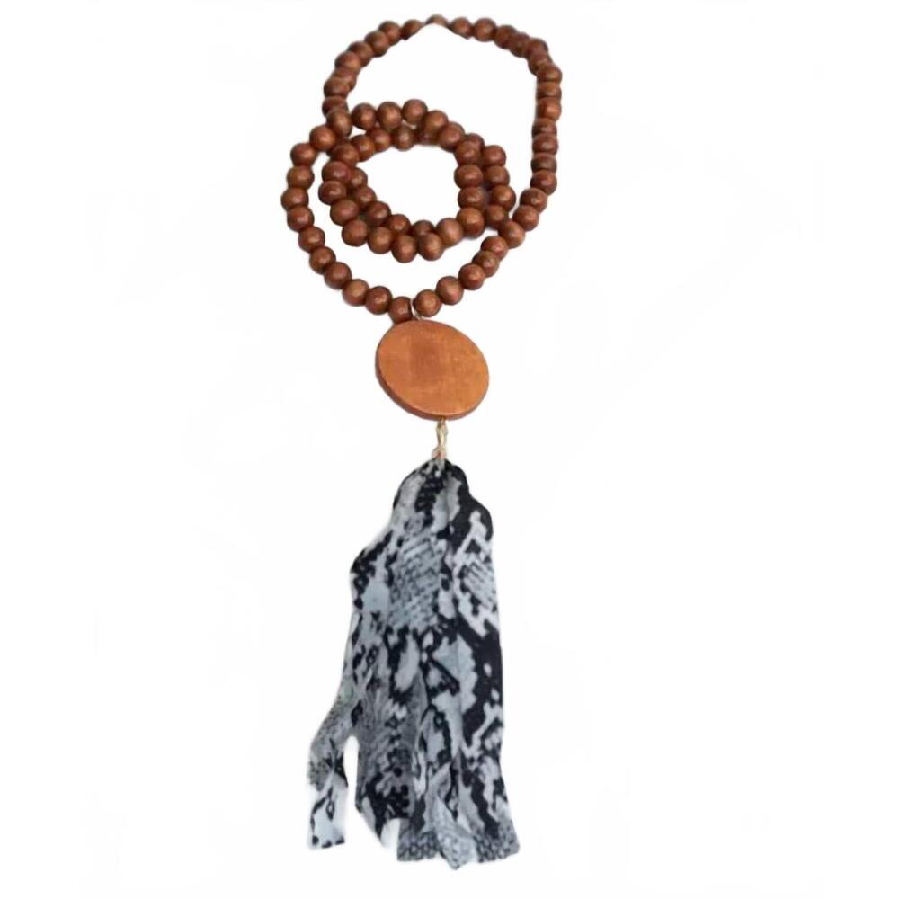 NEW LAUREN LANE women's print wooden bead tassel necklace in brown snake